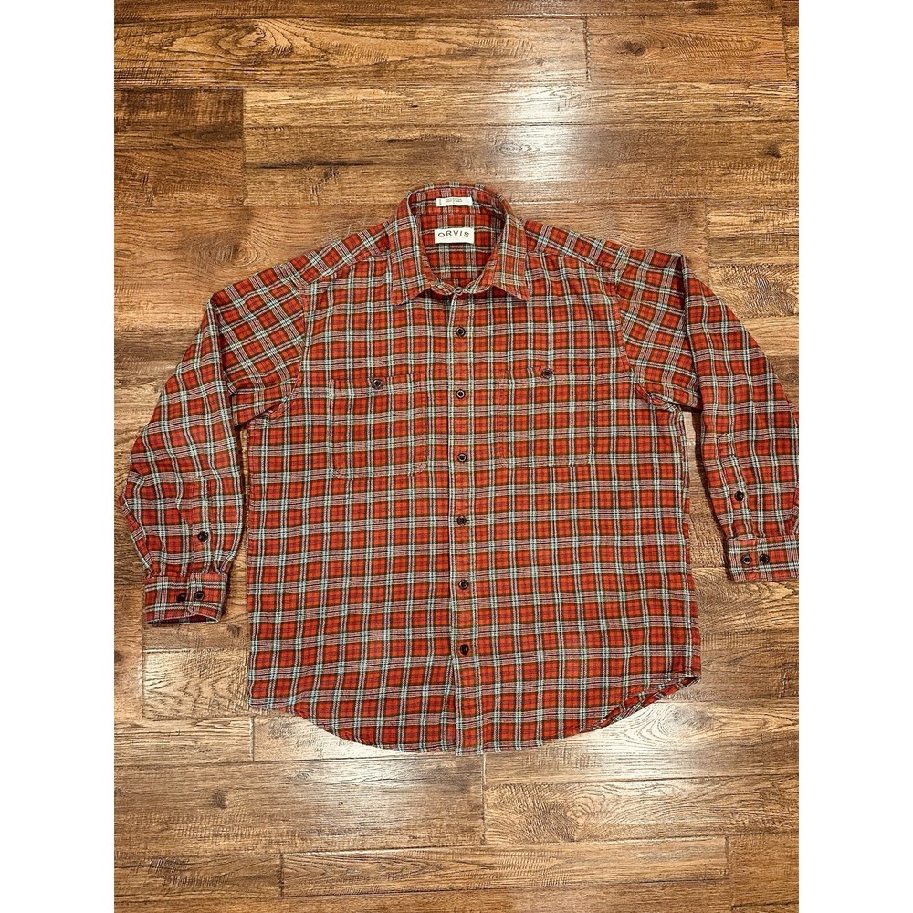 ORVIS Heavy Flannel Shirt Jacket Red Plaid Camp Shacket Pockets Cotton Mens L - Picture 2 of 10